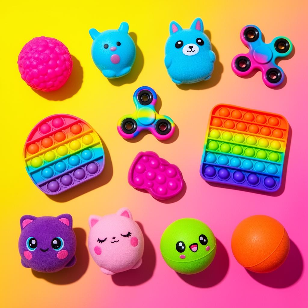 A colorful collection of squishies, fidget toys, and plushies